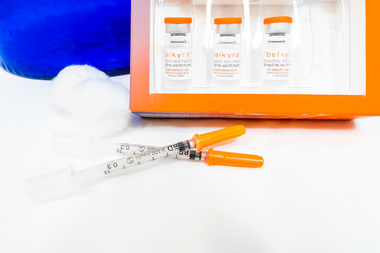 close up of belkyra vials for removing chin fat with injectable treatments