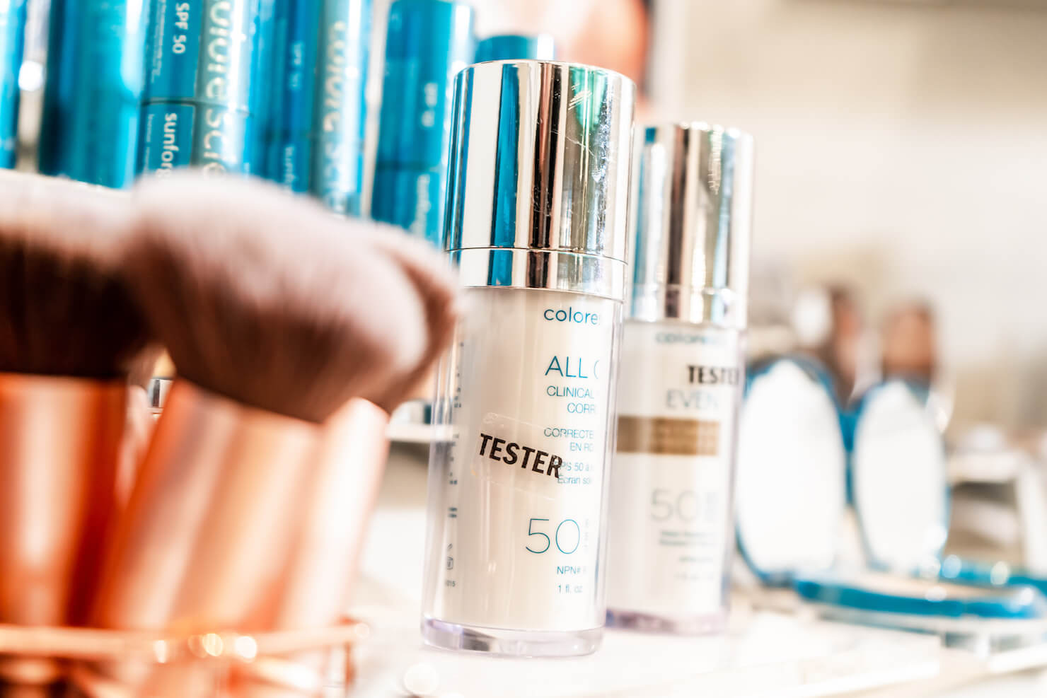 Colorescience all calm and even up pigment corrector creams testers at a surrey makeup counter