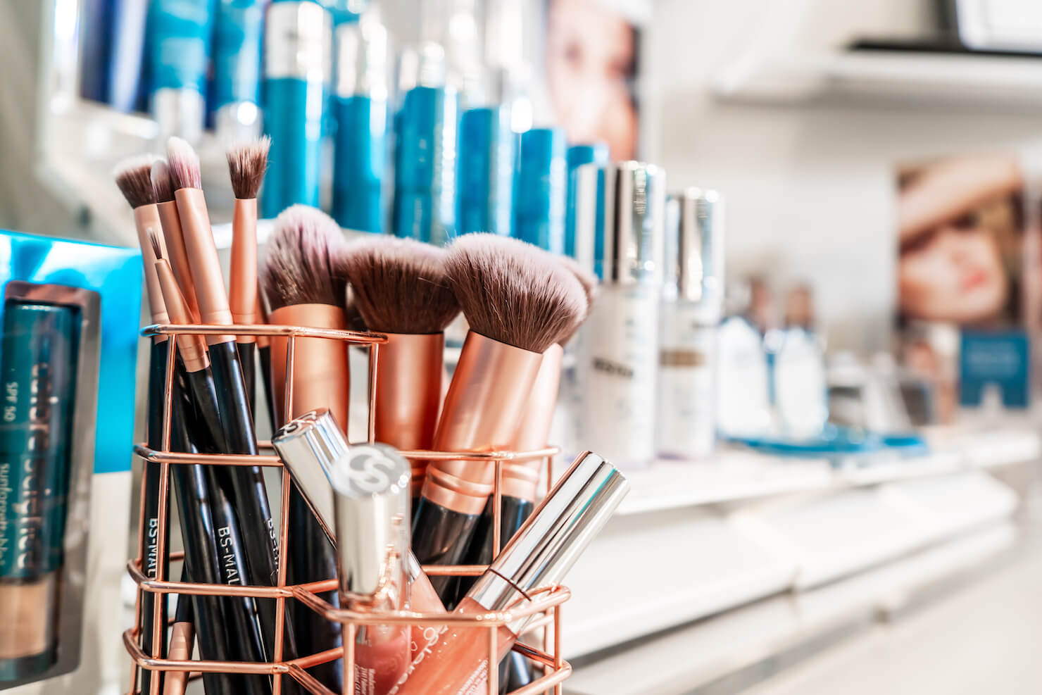 Colorescience makeup brushes at a makeup counter in surrey