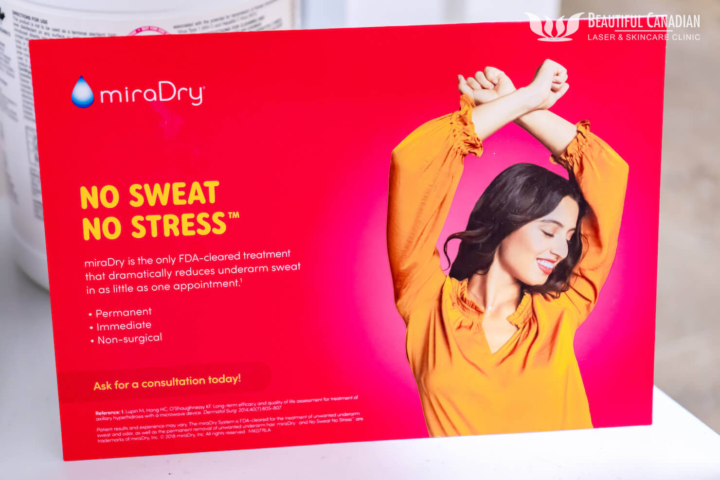 surrey miradry pamphlet in clinic - branded ad to sweat less with miradry treatment