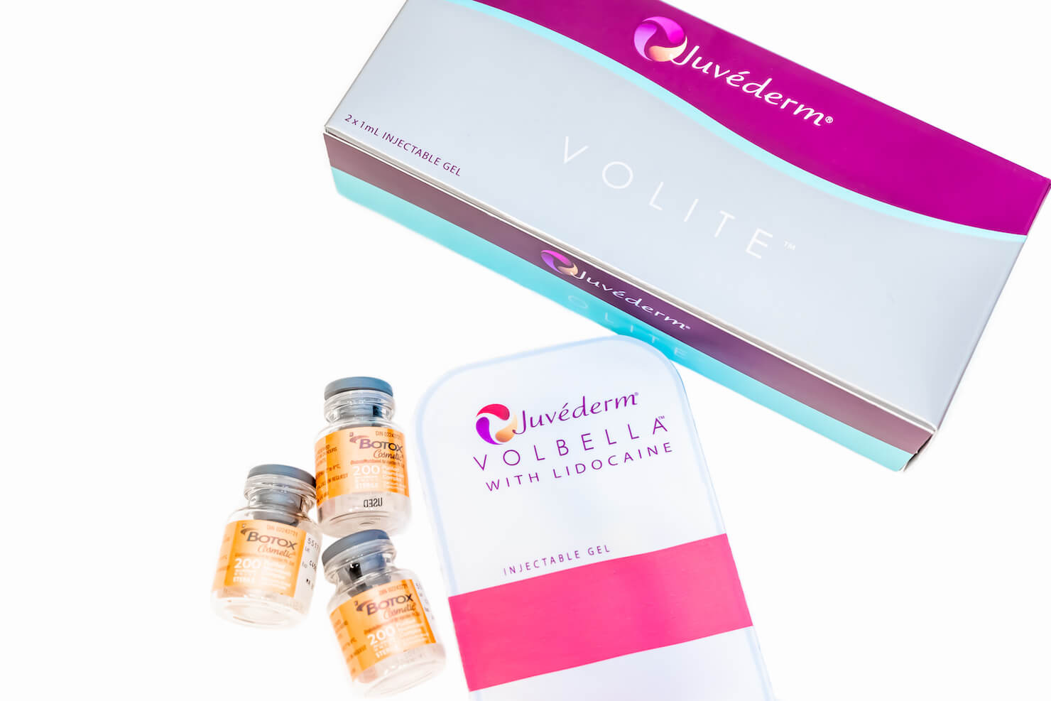 non-surgical facelift products with botox and juvederm laying flat