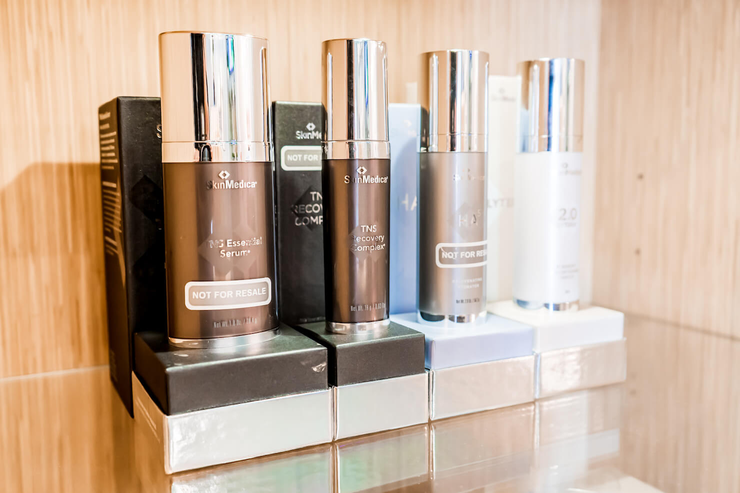 SkinMedica top sellers high-end skincare products at our Surrey clinic on display