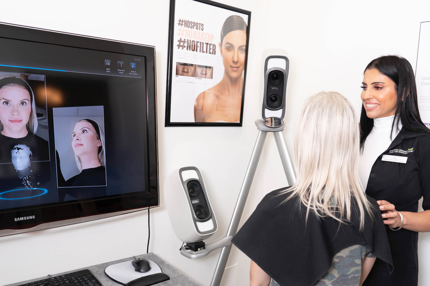 Vectra 3D imaging session with beauty technician consulting on laser and skin services in Surrey